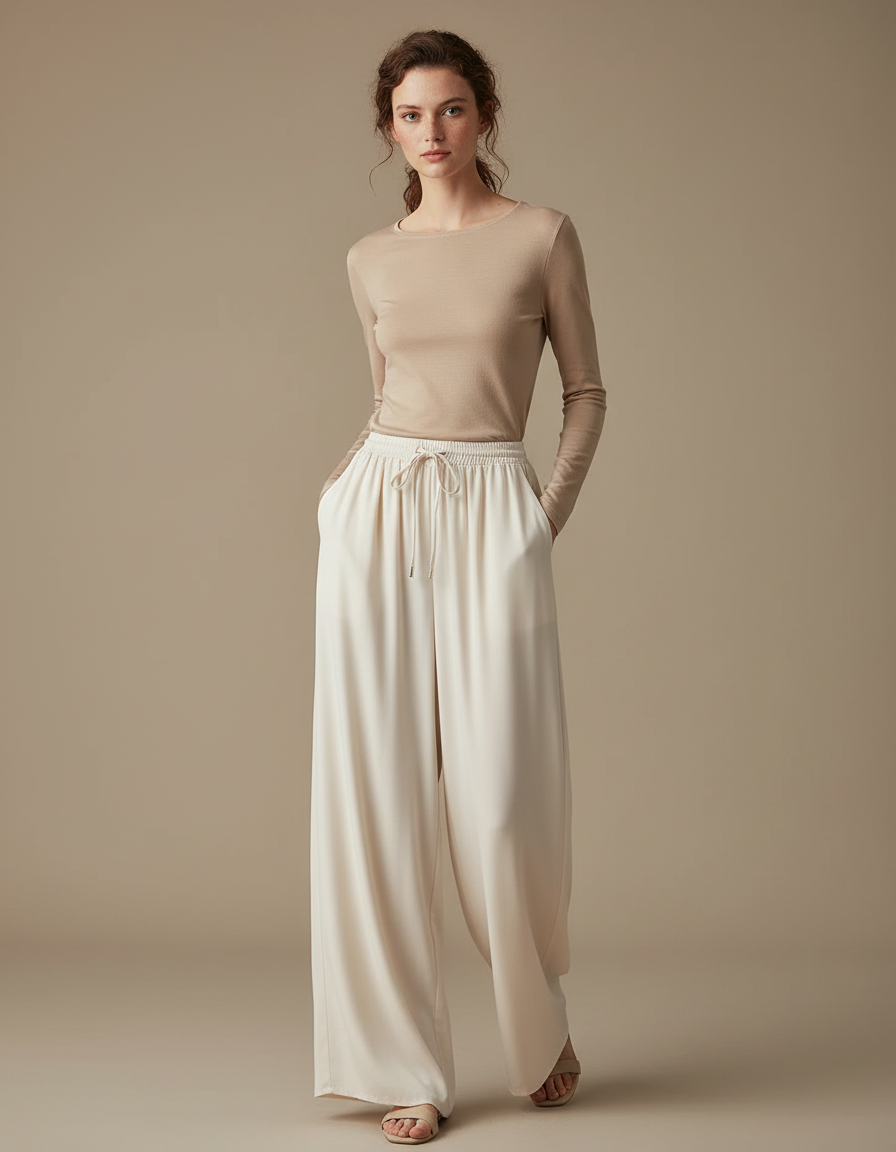 Pantalon Chinois Crème Fluide Soie Ample Femme Élégant - Beige