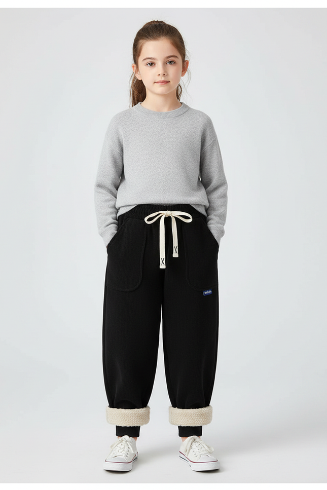 Pantalon Chinois Noir Ample Molletonné Hiver Enfant