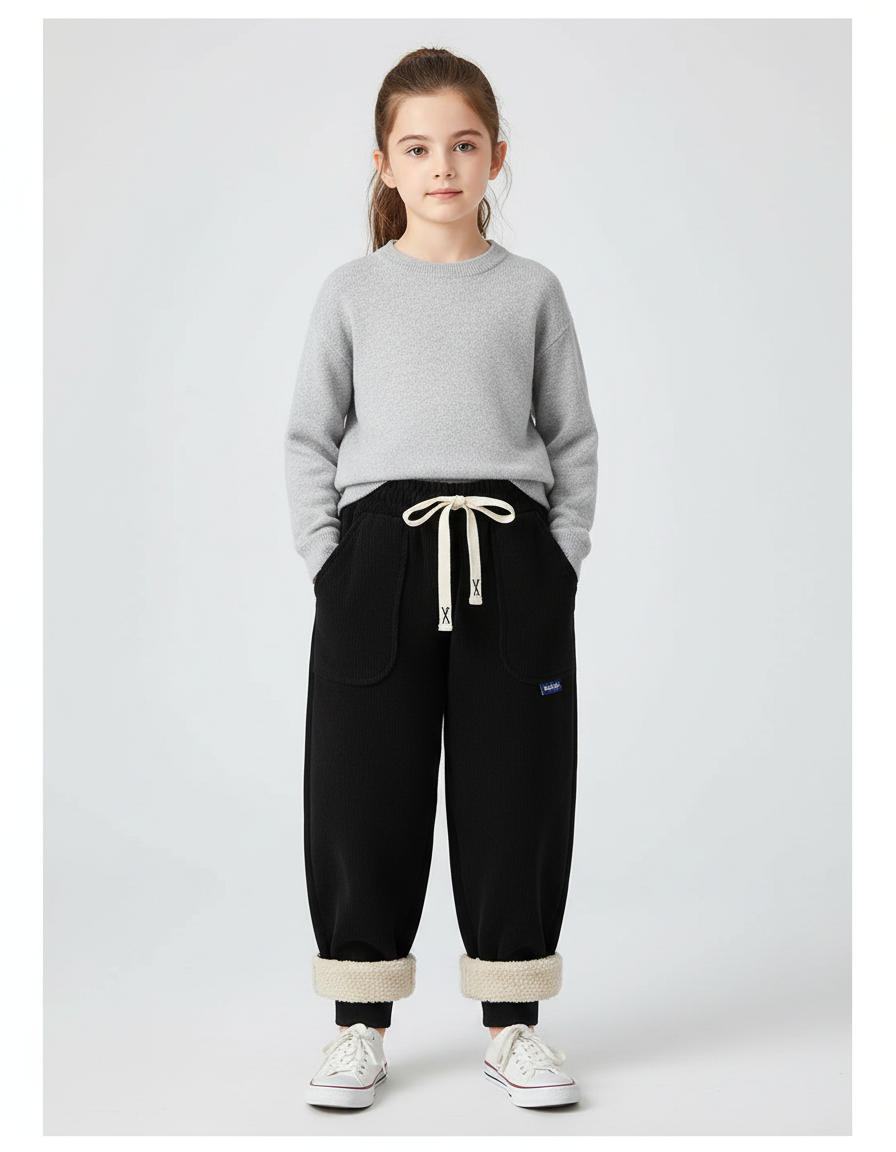 Pantalon Chinois Noir Ample Molletonné Hiver Enfant