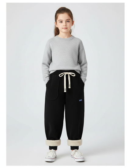 Pantalon Chinois Noir Ample Molletonné Hiver Enfant