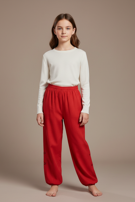 Pantalon Chinois Rouge Ample Boutons Coton Enfant - Maille