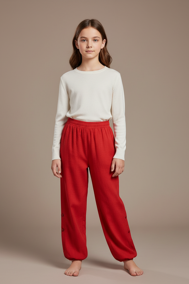 Pantalon Chinois Rouge Ample Boutons Coton Enfant - Maille