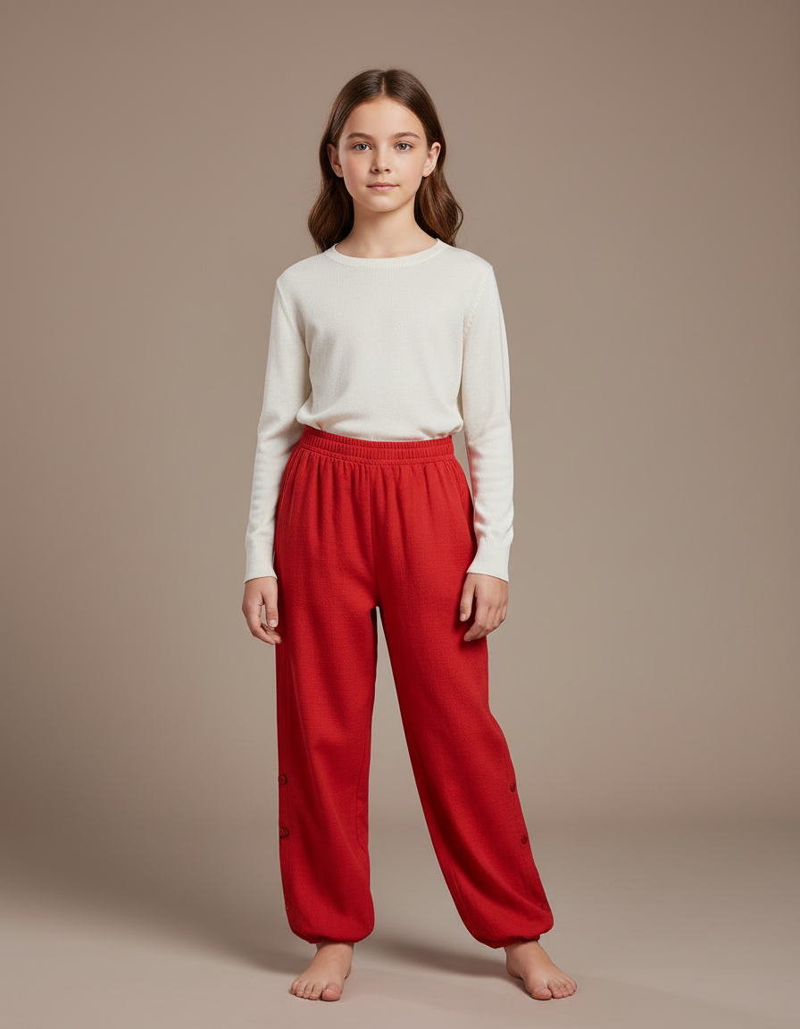 Pantalon Chinois Rouge Ample Boutons Coton Enfant - Maille