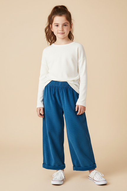 Pantalon Chinois Côtelé Ample Bleu Enfant Décontracté - Cordé