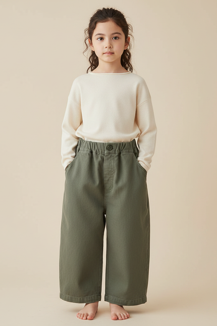 Pantalon Chinois Vert Kaki Coton Ample Fille