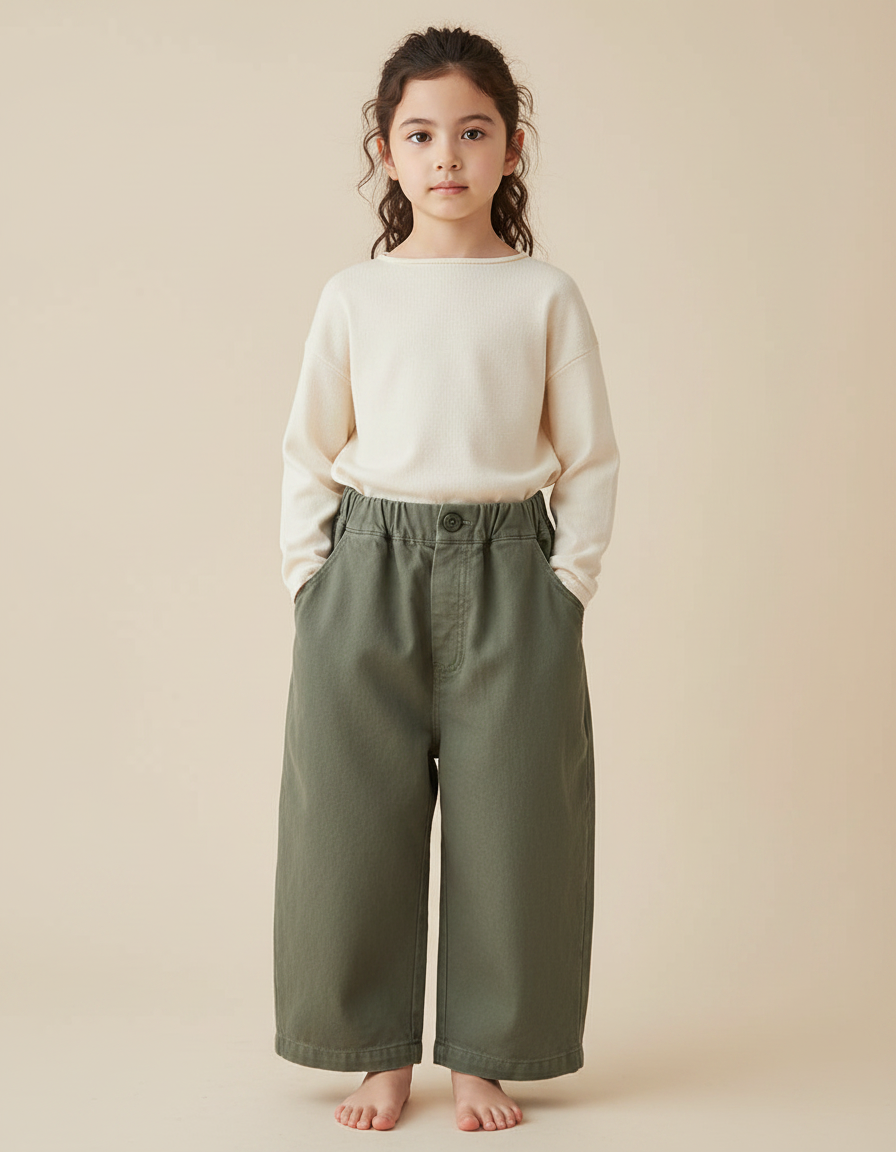 Pantalon Chinois Vert Kaki Coton Ample Fille