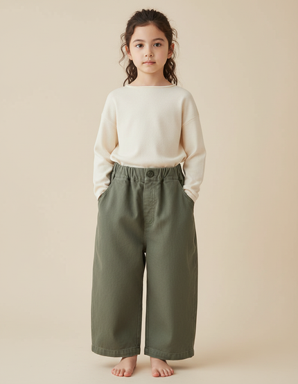 Pantalon Chinois Vert Kaki Coton Ample Fille