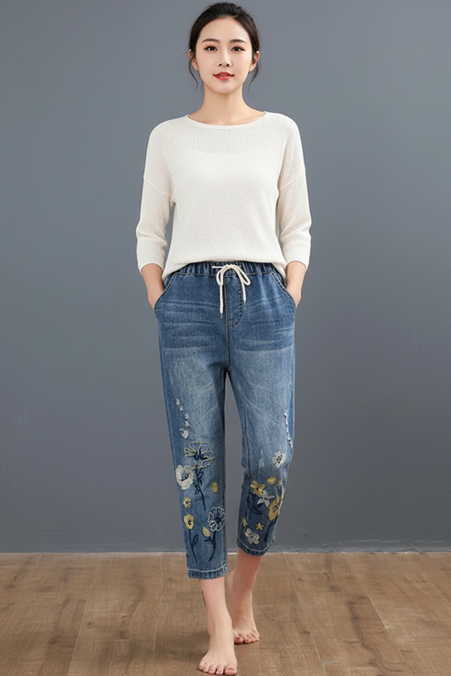 Pantalon Chinois Jean Brodé Floral Ample Femme - Bleu