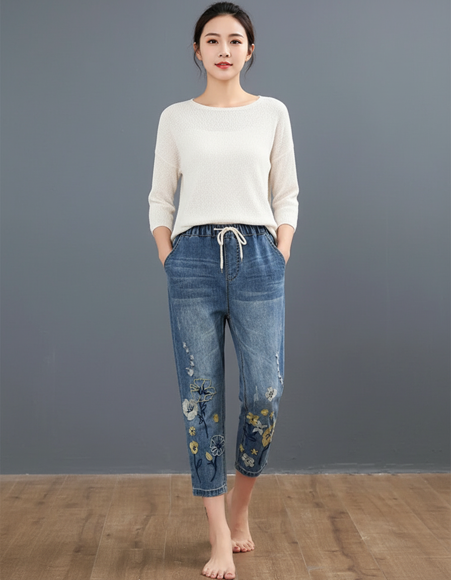 Pantalon Chinois Jean Brodé Floral Ample Femme - Bleu