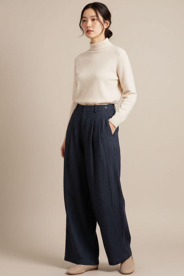 Pantalon Chinois Bleu Marine Large Plissé Décontracté Fluide - Cordé