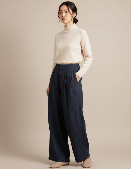 Pantalon Chinois Bleu Marine Large Plissé Décontracté Fluide - Cordé