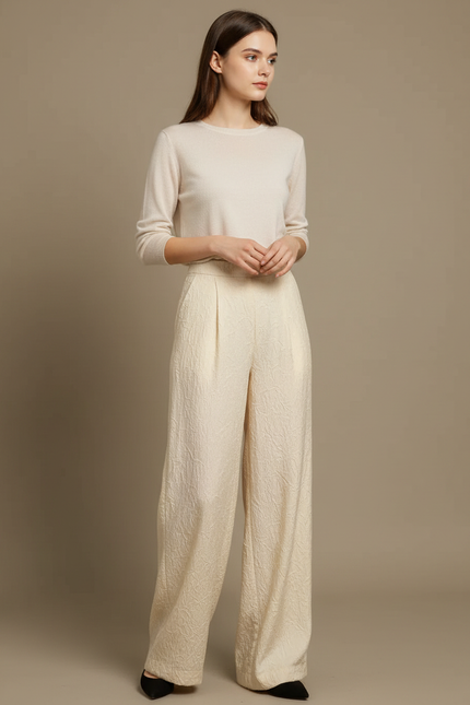 Pantalon Chinois Crème Jacquard Ample Texturé Élégant - Beige Polyester