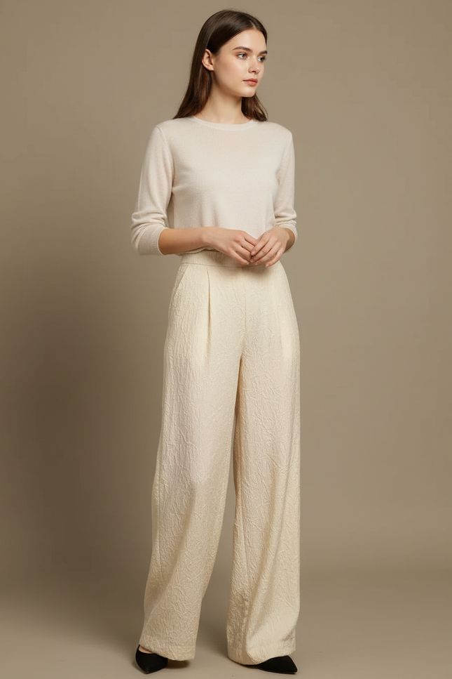 Pantalon Chinois Crème Jacquard Ample Texturé Élégant - Beige Polyester