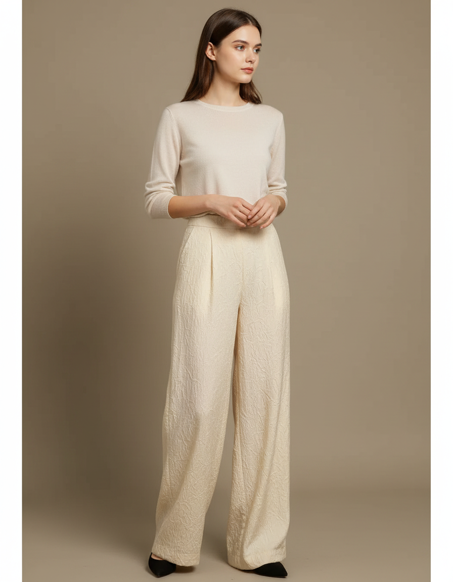 Pantalon Chinois Crème Jacquard Ample Texturé Élégant - Beige Polyester