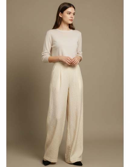 Pantalon Chinois Crème Jacquard Ample Texturé Élégant - Beige Polyester