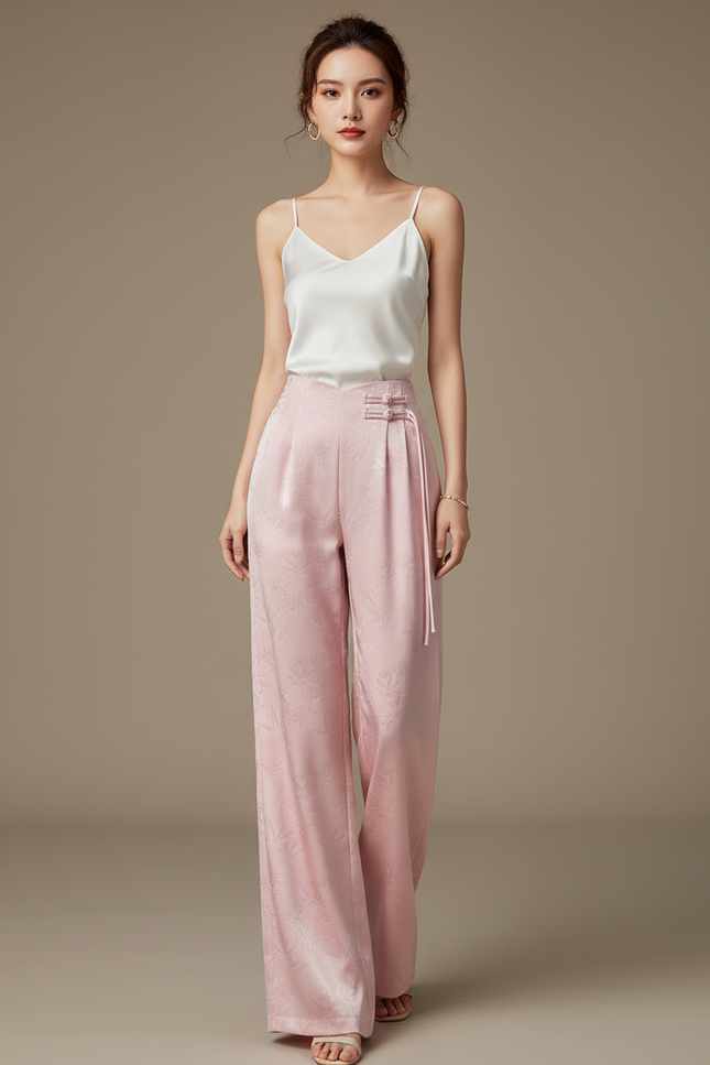 Pantalon Chinois Rose Satin Jacquard Taille Haute Fluide