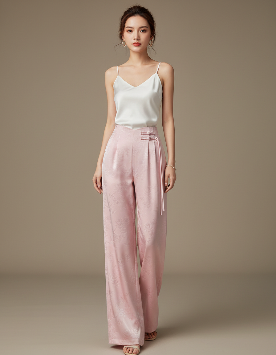 Pantalon Chinois Rose Satin Jacquard Taille Haute Fluide