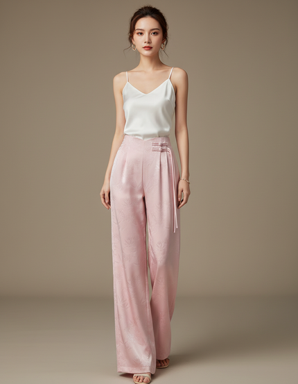 Pantalon Chinois Rose Satin Jacquard Taille Haute Fluide