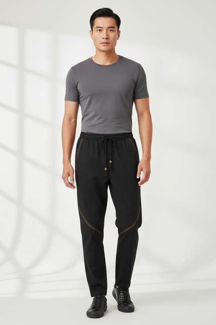 Pantalon Chinois Noir Brodé Ample Décontracté Homme - Polyester
