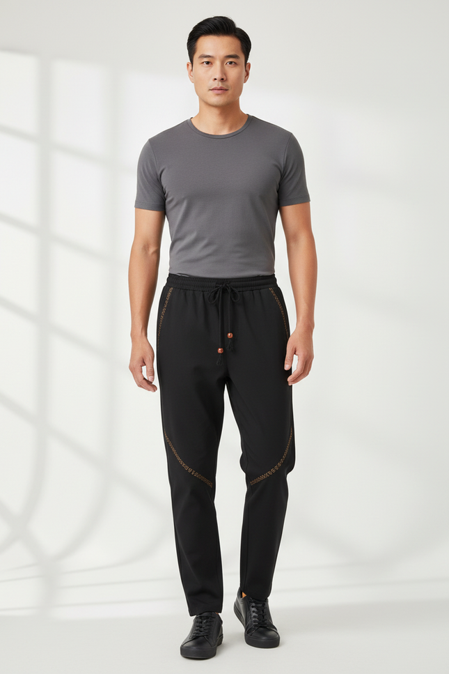 Pantalon Chinois Noir Brodé Ample Décontracté Homme - Polyester