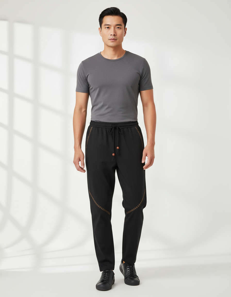 Pantalon Chinois Noir Brodé Ample Décontracté Homme - Polyester