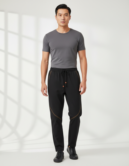 Pantalon Chinois Noir Brodé Ample Décontracté Homme - Polyester