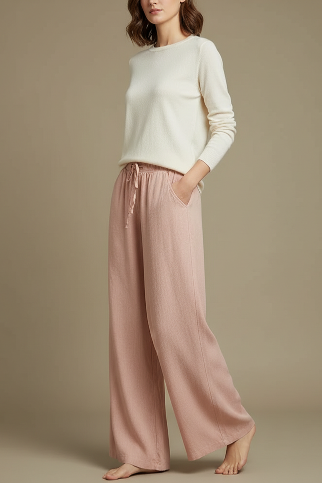 Pantalon Chinois Rose Ample Lin Coton Fluide