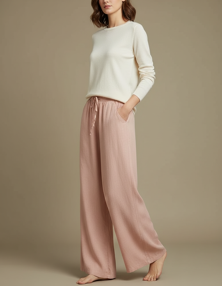 Pantalon Chinois Rose Ample Lin Coton Fluide