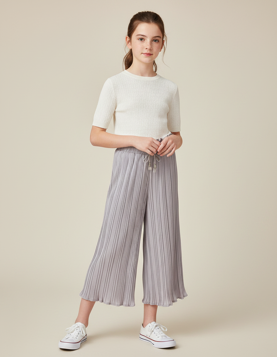 Pantalon Chinois Plissé Gris Ample Fluide Décontracté Enfant - Polyester