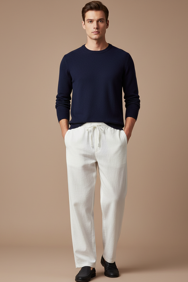 Pantalon Chinois Blanc Lin Ample Léger Homme