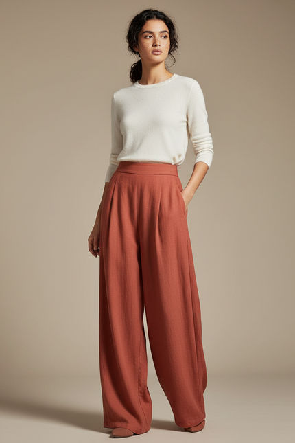 Pantalon Chinois Terracotta Ample Plissé Fluide Élégant - Orange Viscose