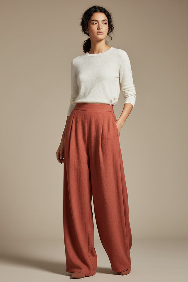 Pantalon Chinois Terracotta Ample Plissé Fluide Élégant - Orange Viscose