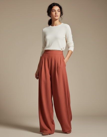 Pantalon Chinois Terracotta Ample Plissé Fluide Élégant - Orange Viscose