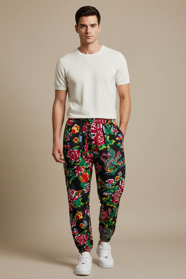Pantalon Chinois Noir Floral Jogger Harem Homme - Multicolore Viscose