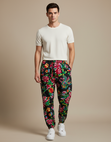 Pantalon Chinois Noir Floral Jogger Harem Homme - Multicolore Viscose
