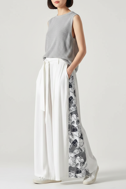 Pantalon Chinois Blanc Ample Imprimé Carpes Fluide - Viscose