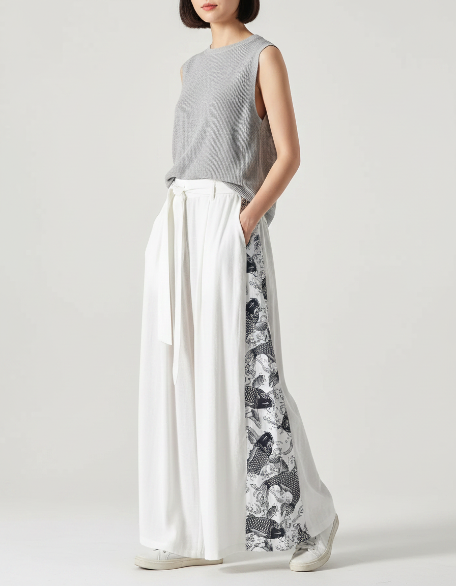 Pantalon Chinois Blanc Ample Imprimé Carpes Fluide - Viscose