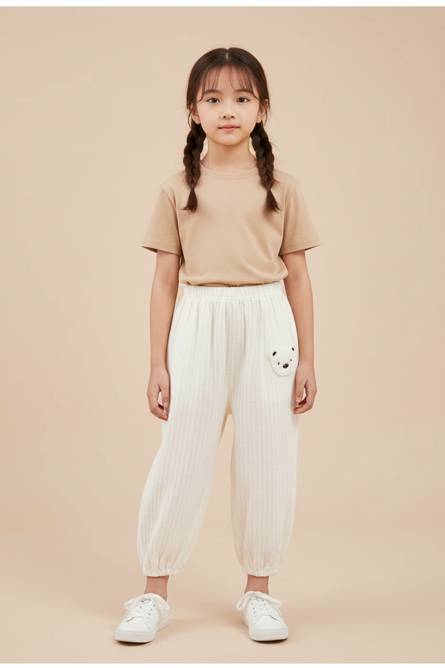 Pantalon Chinois Blanc Côtelé Ample Décontracté Ourson - Maille