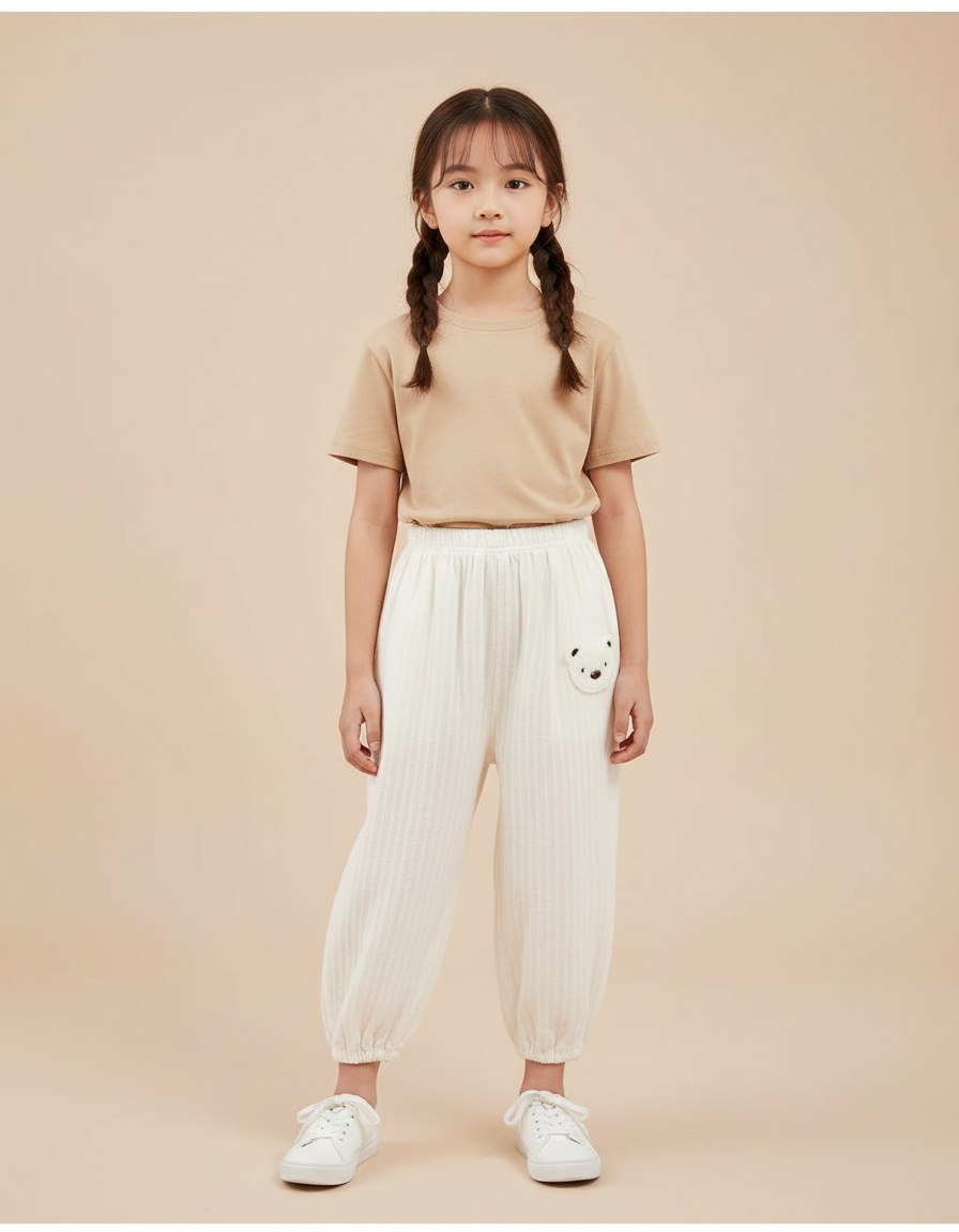 Pantalon Chinois Blanc Côtelé Ample Décontracté Ourson - Maille