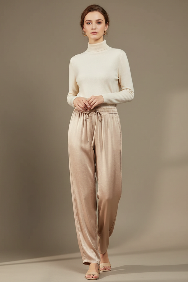 Pantalon Chinois Satin Beige Fluide Ample Élégant Femme