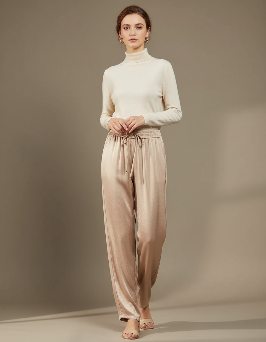 Pantalon Chinois Satin Beige Fluide Ample Élégant Femme