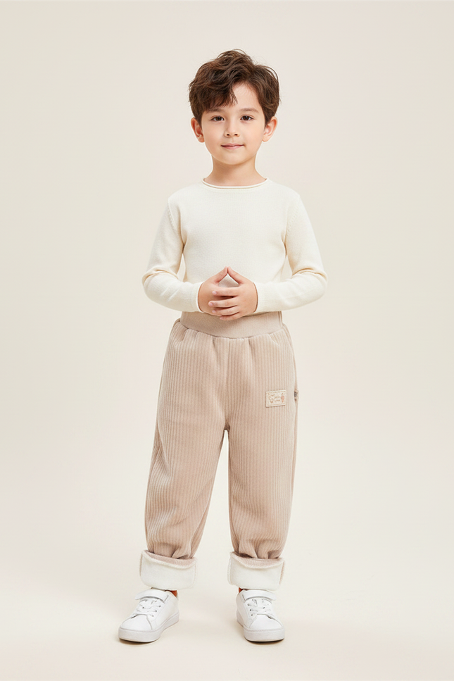 Pantalon Chinois Crème Côtelé Polaire Ample Enfant - Beige Cordé