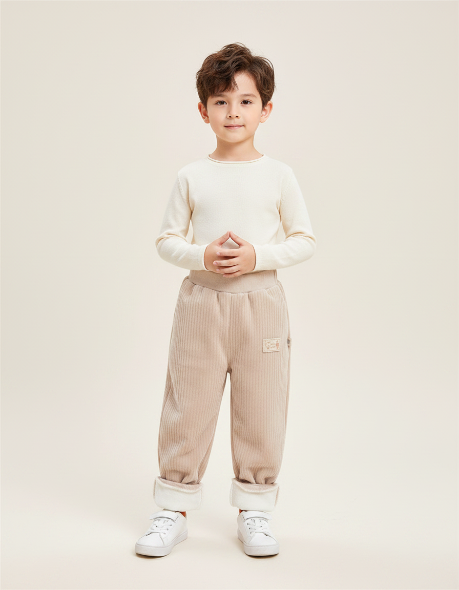 Pantalon Chinois Crème Côtelé Polaire Ample Enfant - Beige Cordé