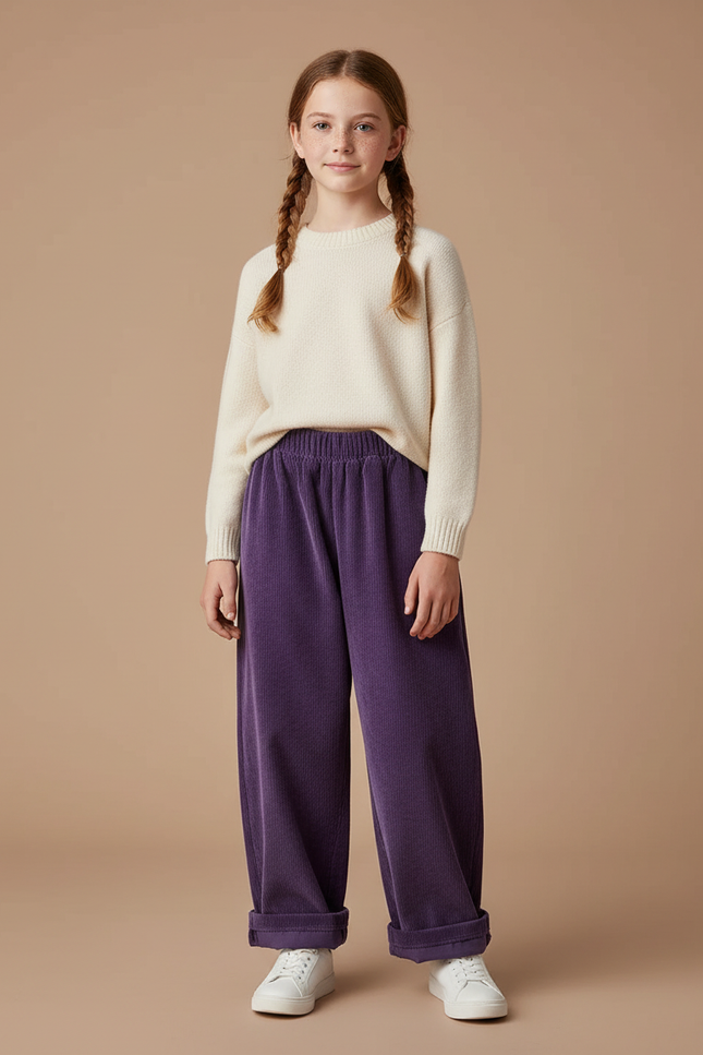 Pantalon Chinois Fille Ample Velours - Violet Cordé