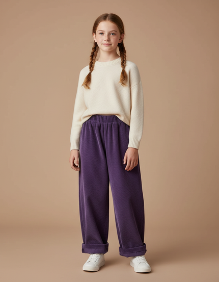 Pantalon Chinois Fille Ample Velours - Violet Cordé