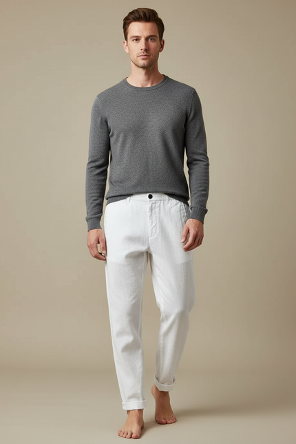 Pantalon Chinois Blanc Lin Décontracté Droit Homme