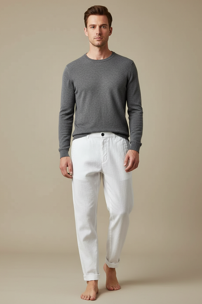 Pantalon Chinois Blanc Lin Décontracté Droit Homme