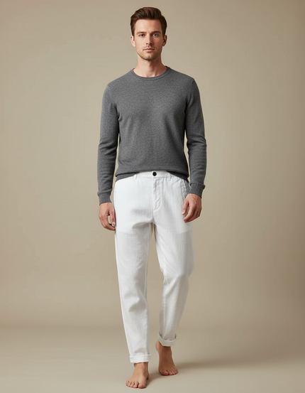 Pantalon Chinois Blanc Lin Décontracté Droit Homme