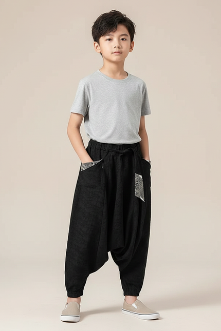 Pantalon Chinois Noir Coton Sarouel Ample Garçon