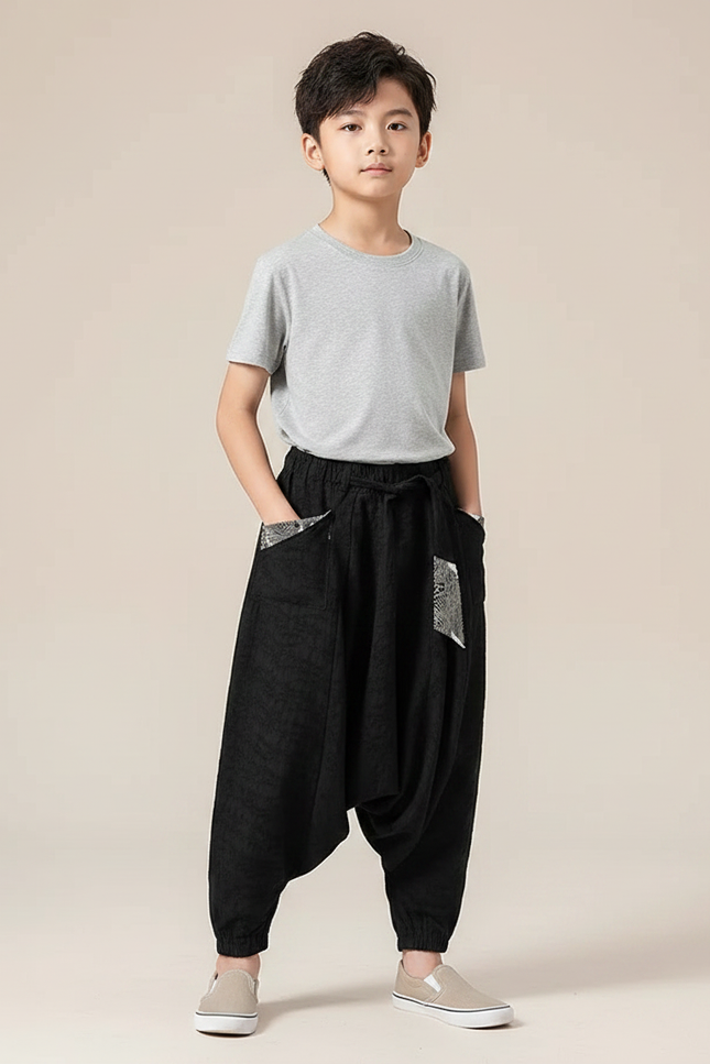 Pantalon Chinois Noir Coton Sarouel Ample Garçon